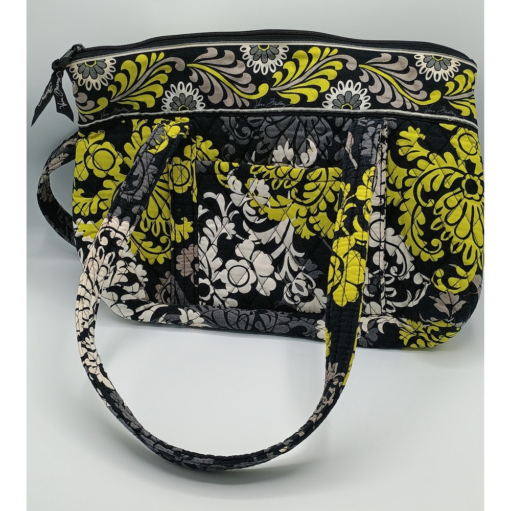 9x15" Vera Bradley Baraque Black Grey Yellow Purse Shoulder Bag Quilted